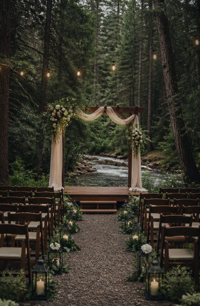 Colorado Forest Wedding Venues: 14 Meaningful Places 4 Wooden altar overlooking a creek in a forest setting.