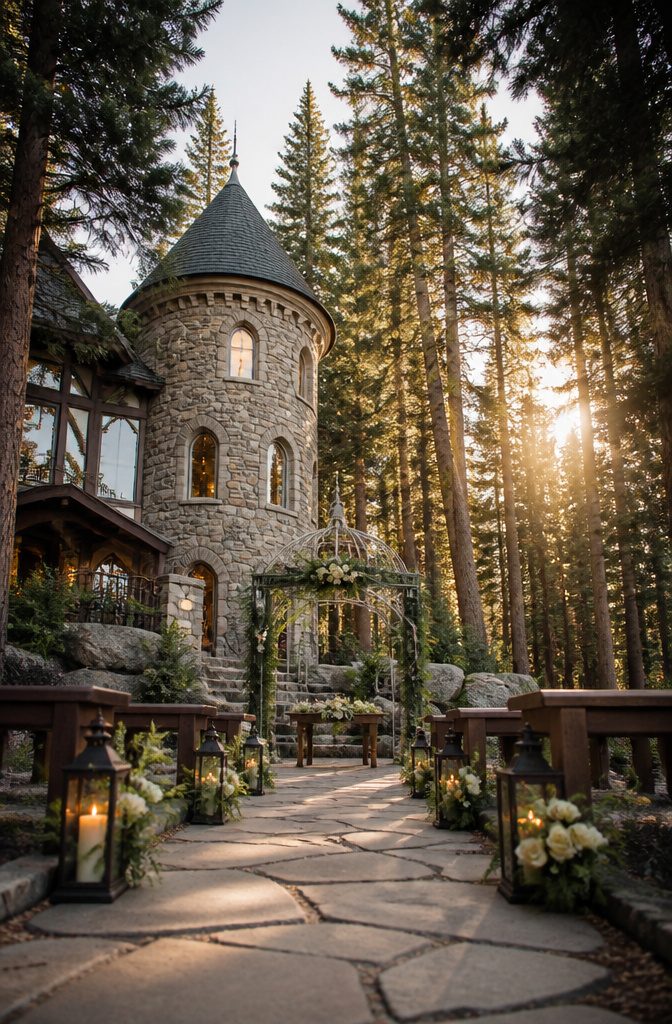 Colorado Forest Wedding Venues: 14 Meaningful Places 6 Stone and timber chateau surrounded by evergreen trees.