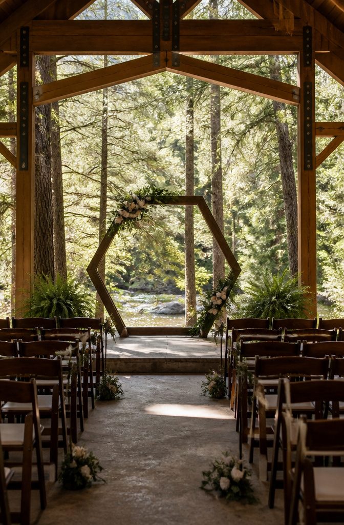 Colorado Forest Wedding Venues: 14 Meaningful Places 11 Wooden pavilion framed by trees near a creek.