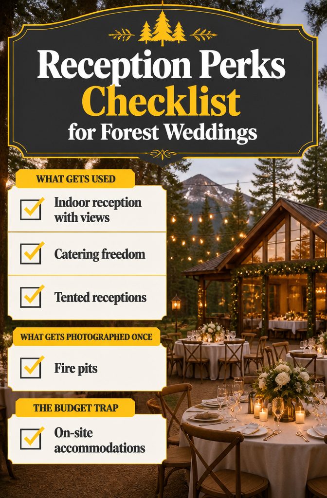 Colorado Forest Wedding Venues: 14 Meaningful Places 18 Checklist outlining reception perks for forest wedding venues.
