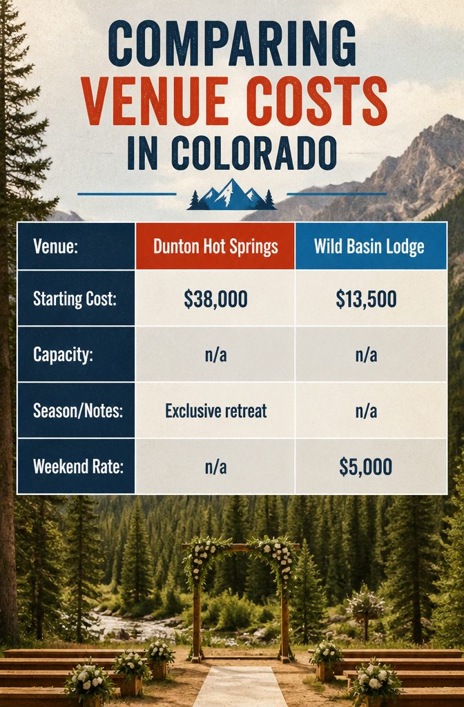 Colorado Forest Wedding Venues: 14 Meaningful Places 15 Chart comparing costs of various wedding venues in Colorado.