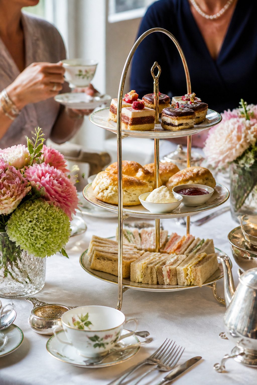 Three-tiered stand showcasing finger sandwiches, scones, and petit fours.