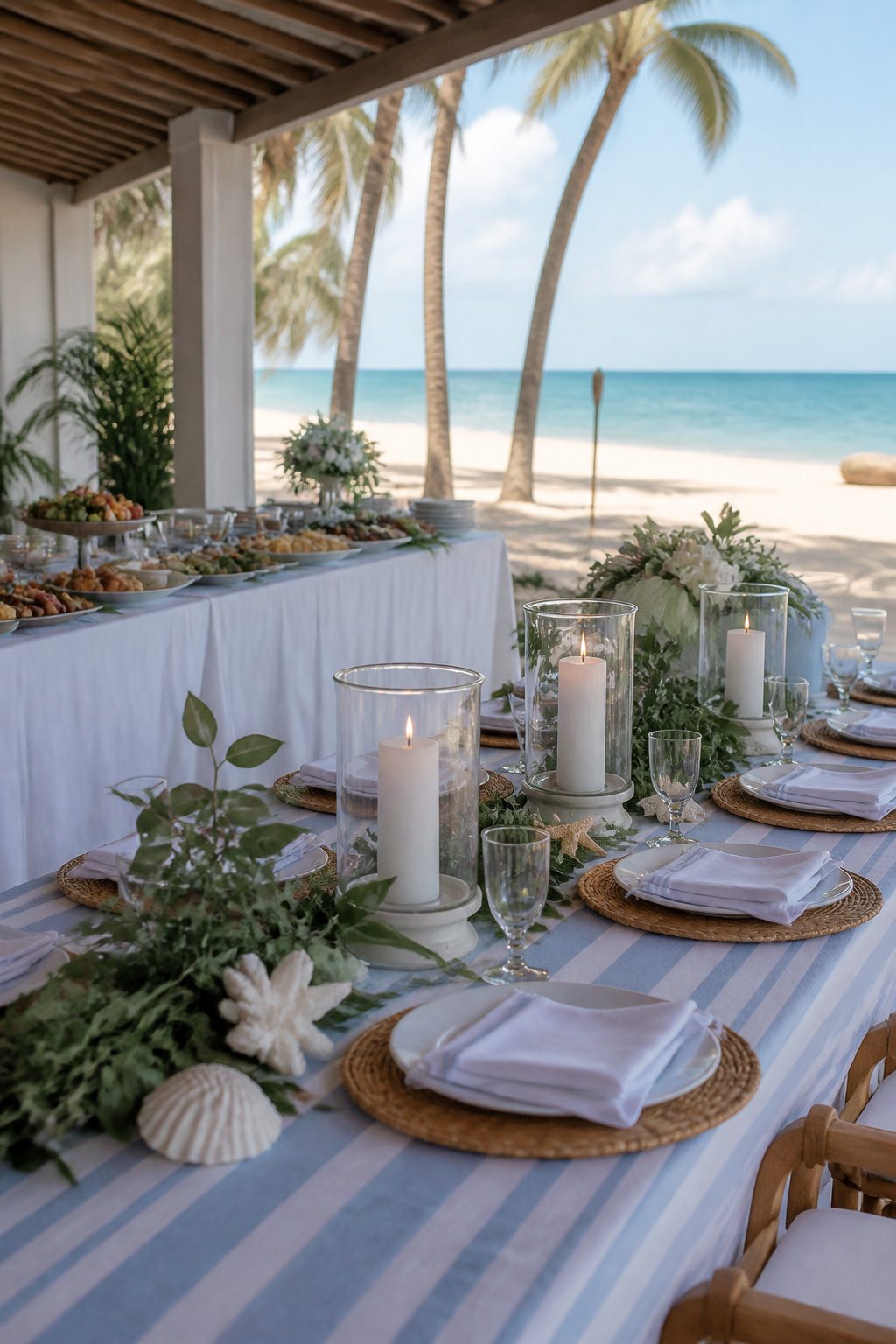 Tables set up on the beach with ocean views for a bridal shower.