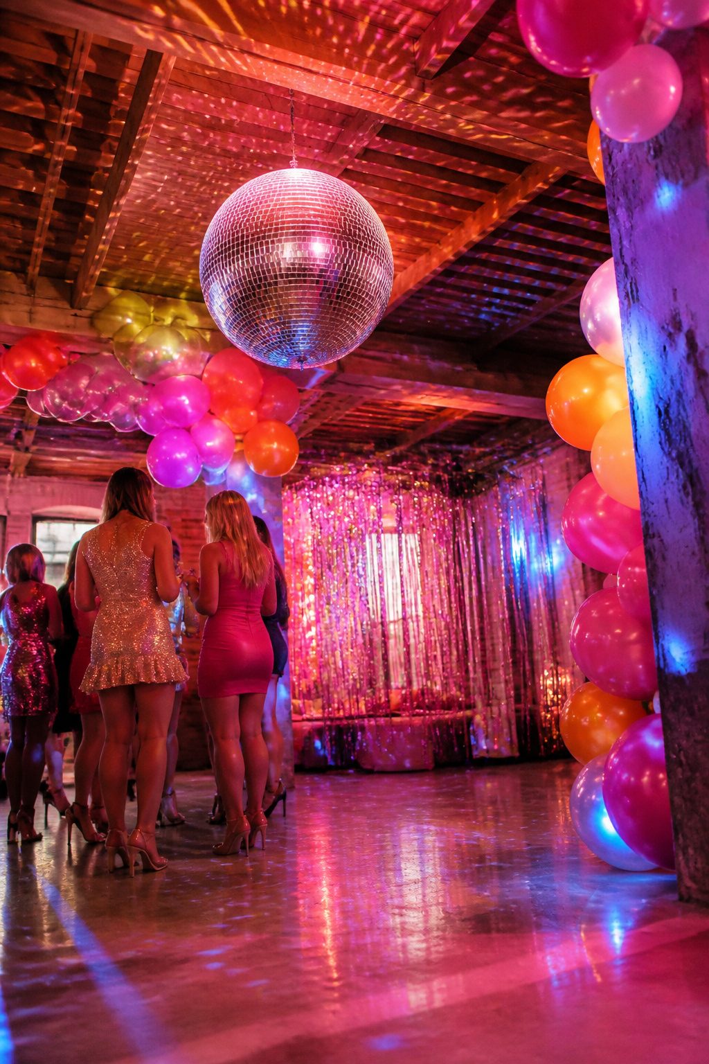 Mirror ball and festive lighting create a disco atmosphere.