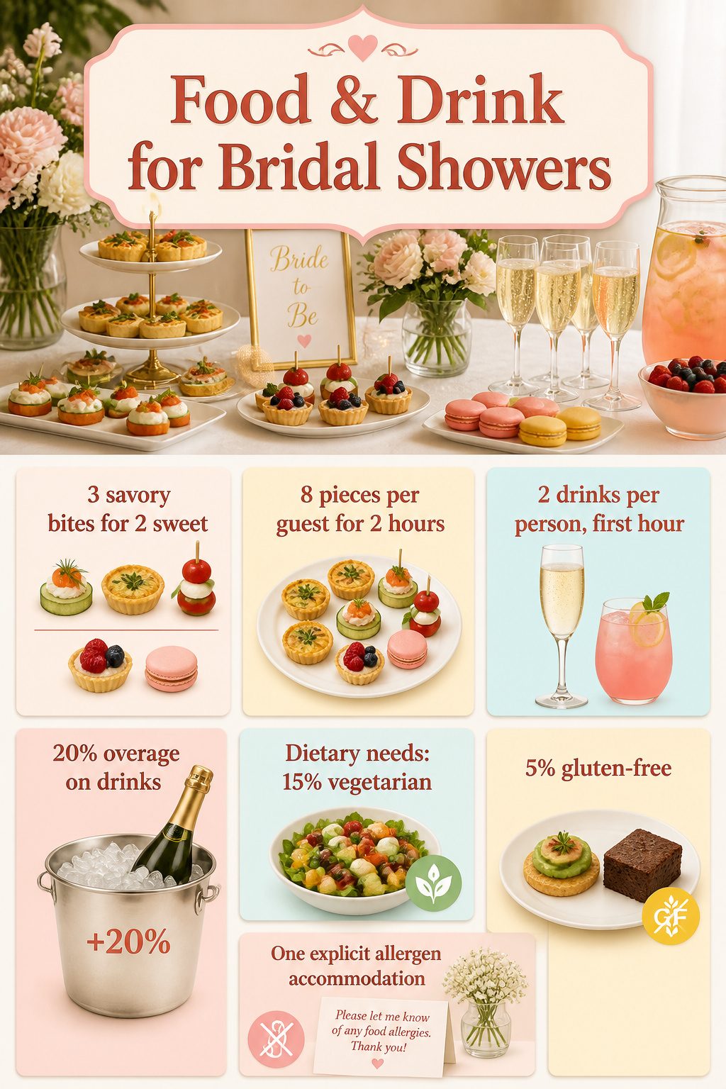 Food and drink setup for a bridal shower with various snacks.