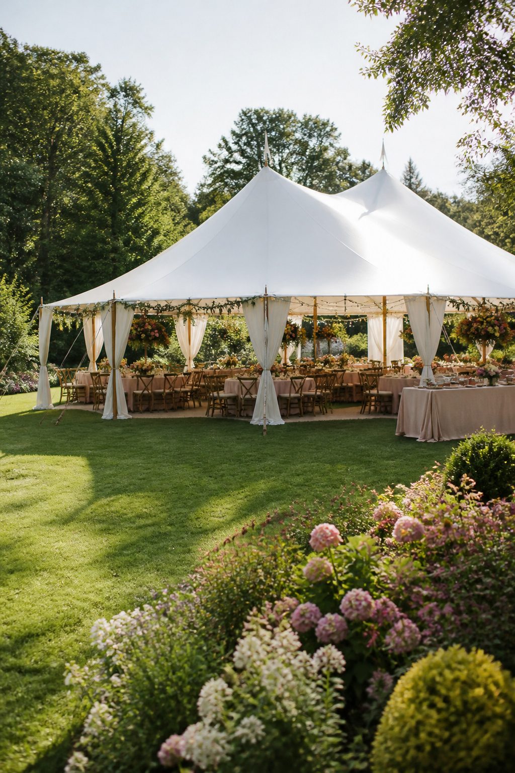Beautiful garden bridal shower with flowers and a tent setup.