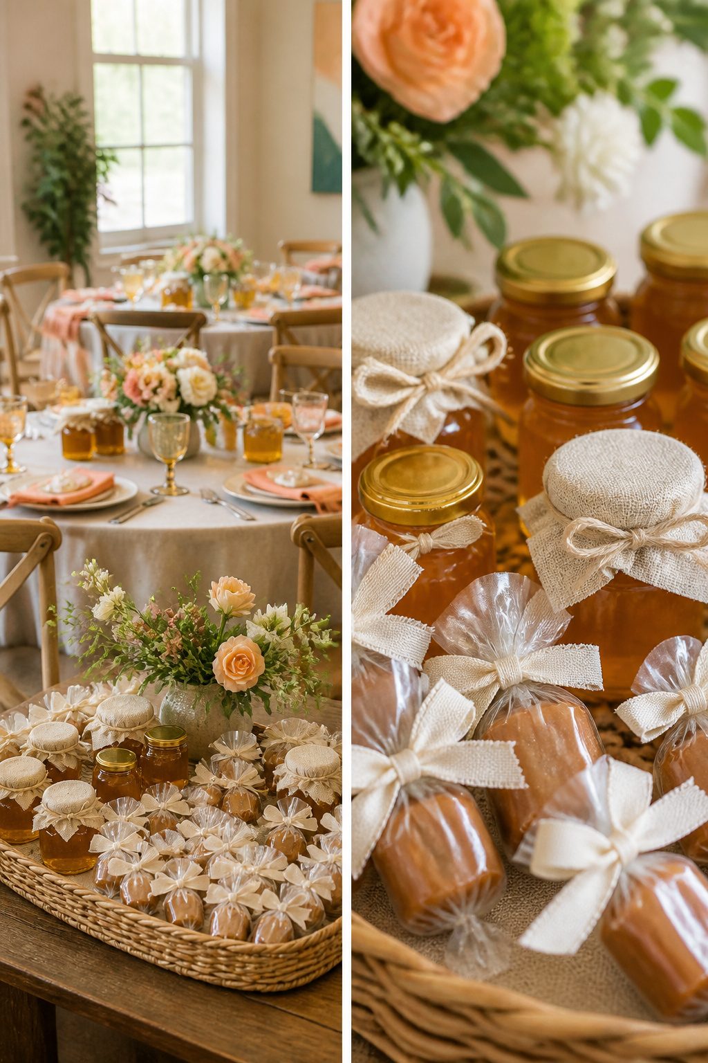 Small jars of honey and other edible favors for bridal shower guests.