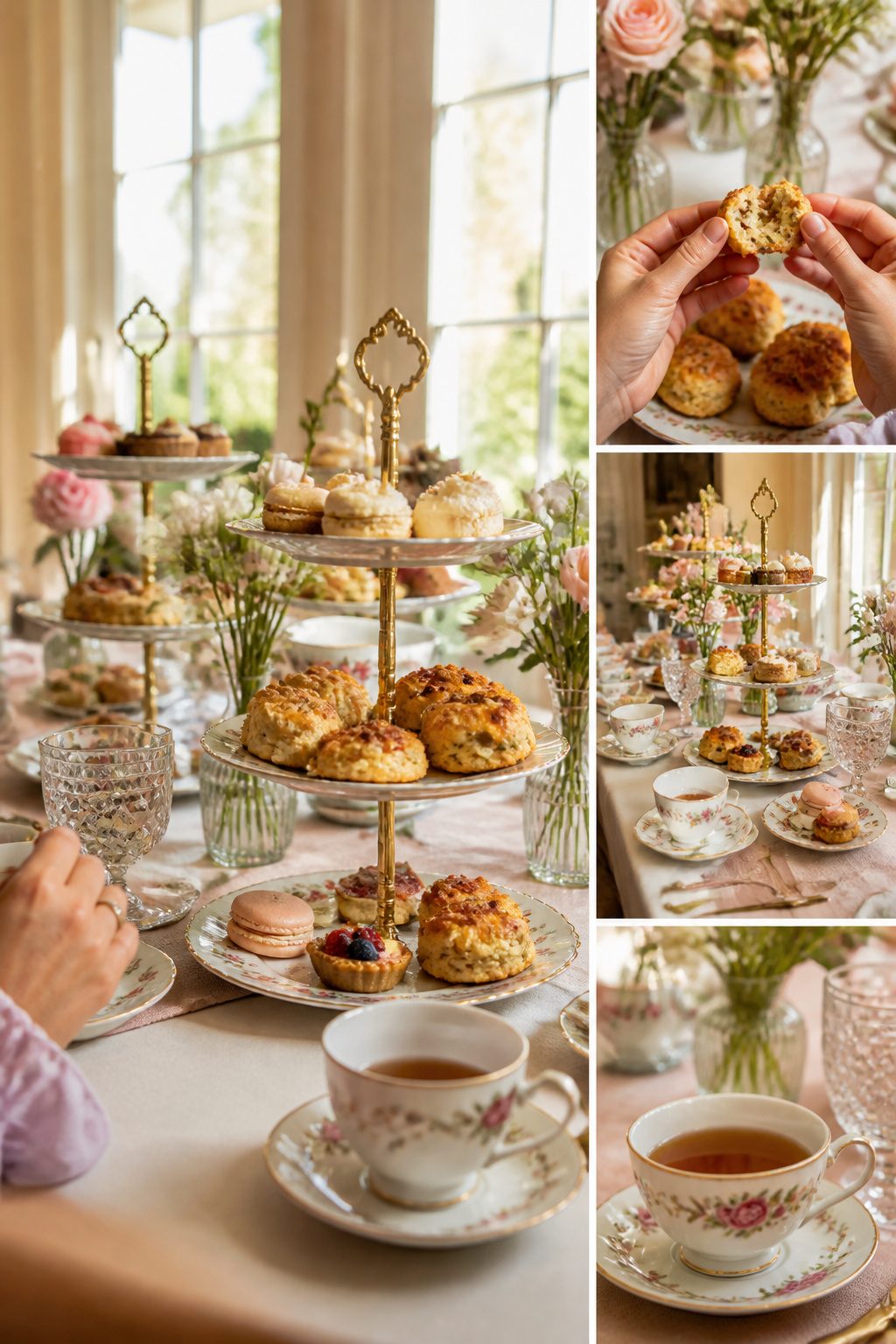 Tiered stand featuring savory scones alongside traditional tea treats.