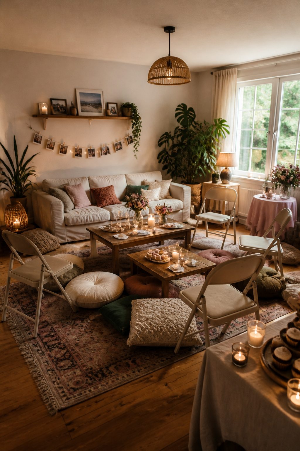 Intimate living room bridal shower with floor cushions and decor.