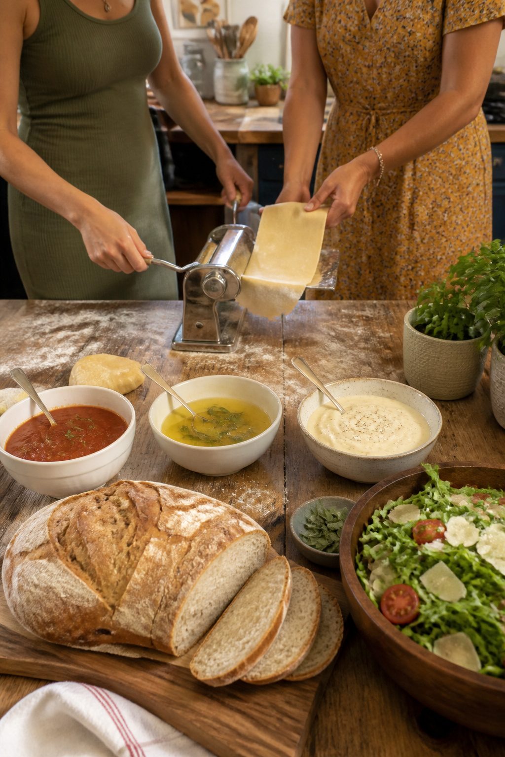 Manual pasta roller on a table surrounded by flour and guests.
