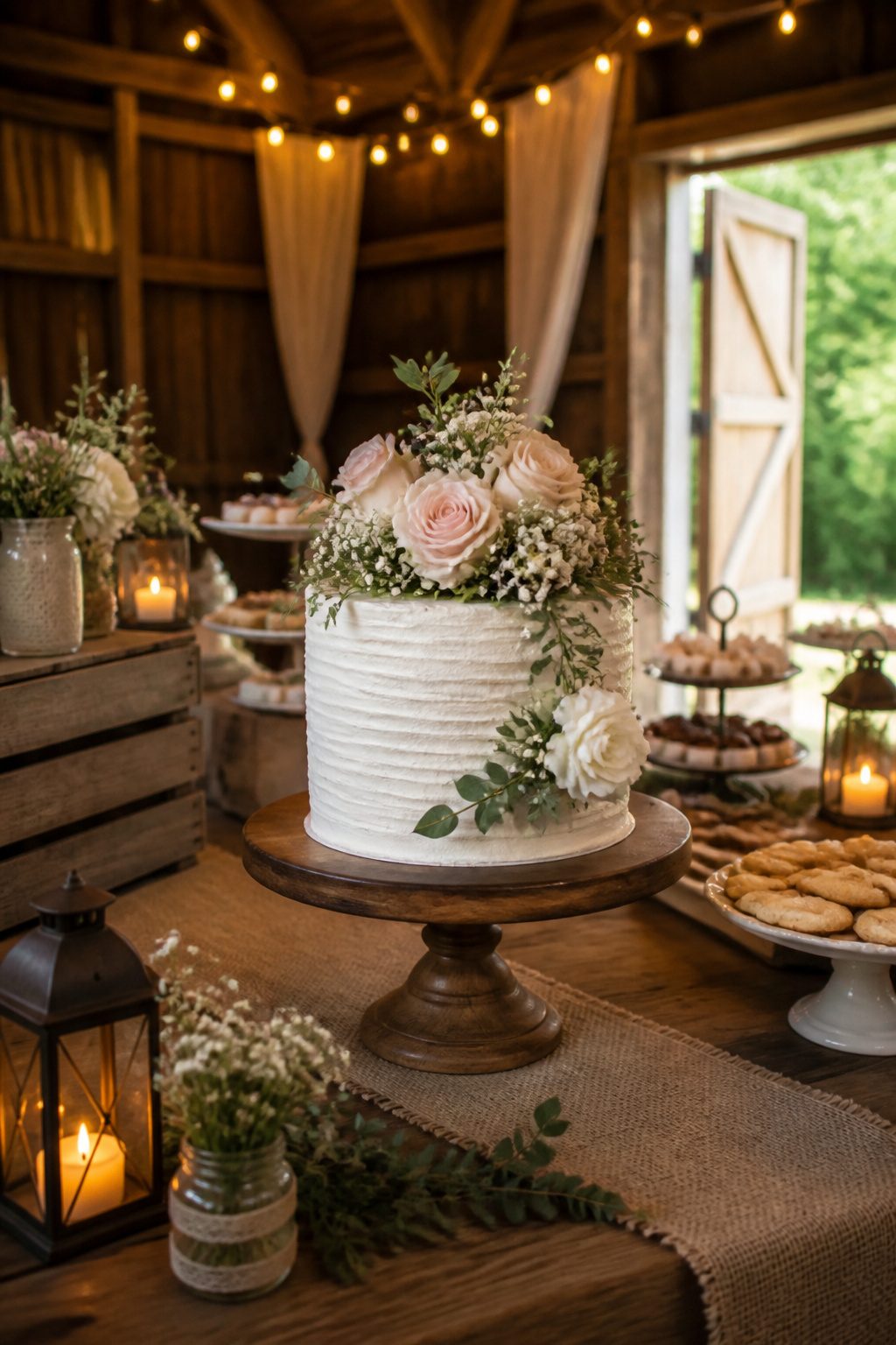 Barn wood and rustic elements create a cozy bridal shower setting.