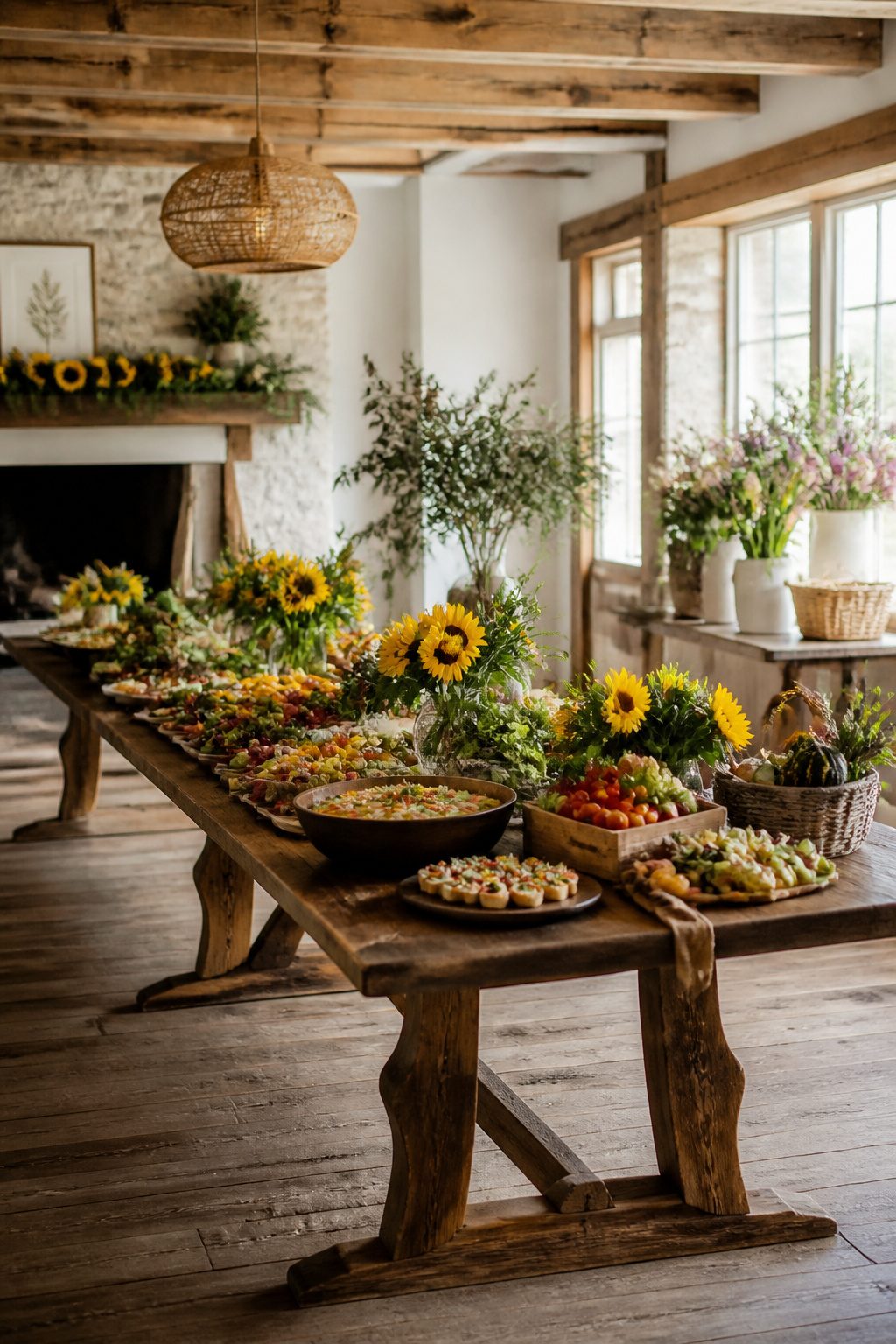 Colorful seasonal flowers arranged for a bridal shower setting.