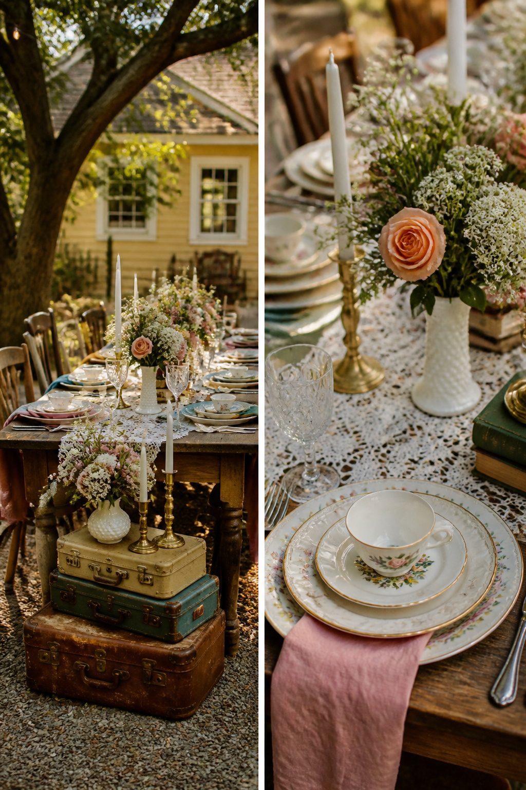 Mismatched china and vintage items displayed for a DIY bridal shower.