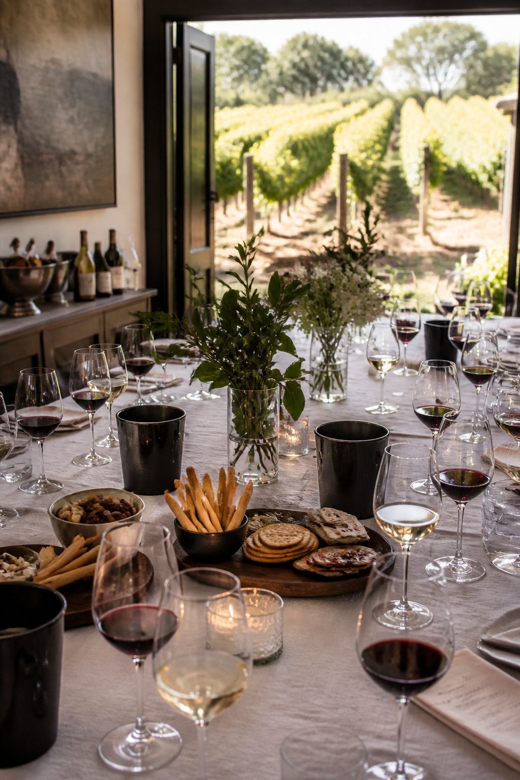 Elegant wine tasting setup with glasses and snacks on a table.