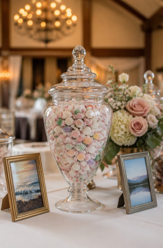 Candy for Wedding Favors and Buffets: Ideas for 2026 8 An apothecary jar filled with assorted buttermints.