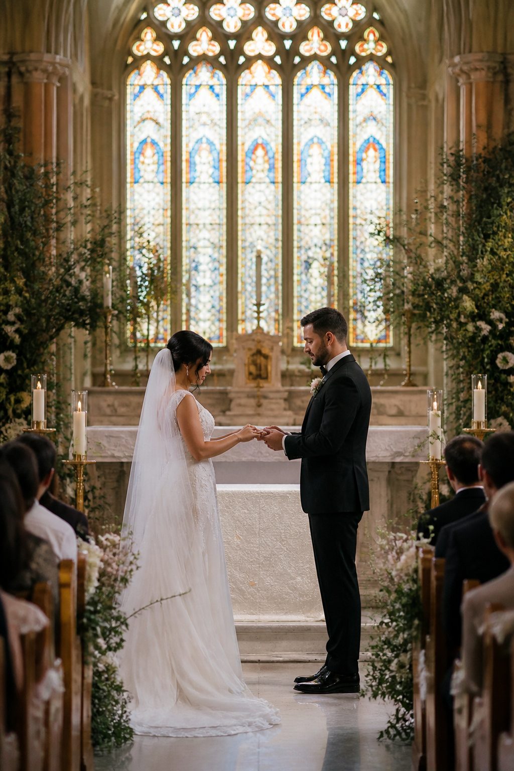 Couple exchanging wedding rings at the altar.
