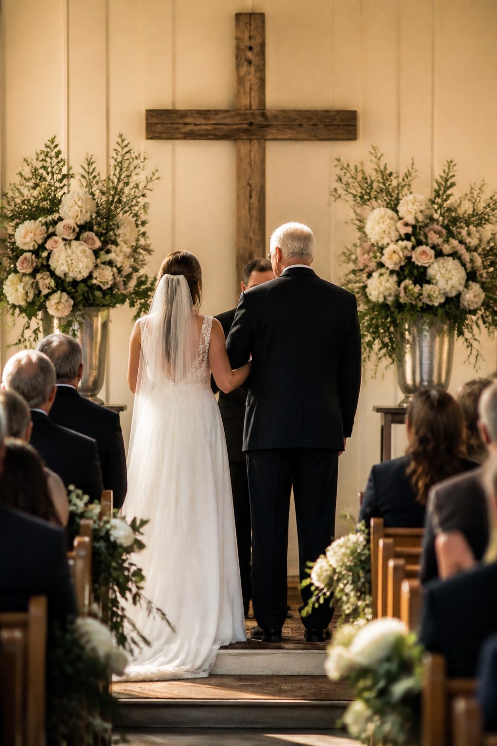 Father holding his daughter's hand at the altar.