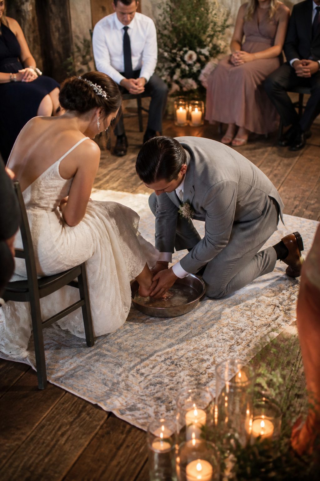 Couple engaging in a foot washing ceremony.