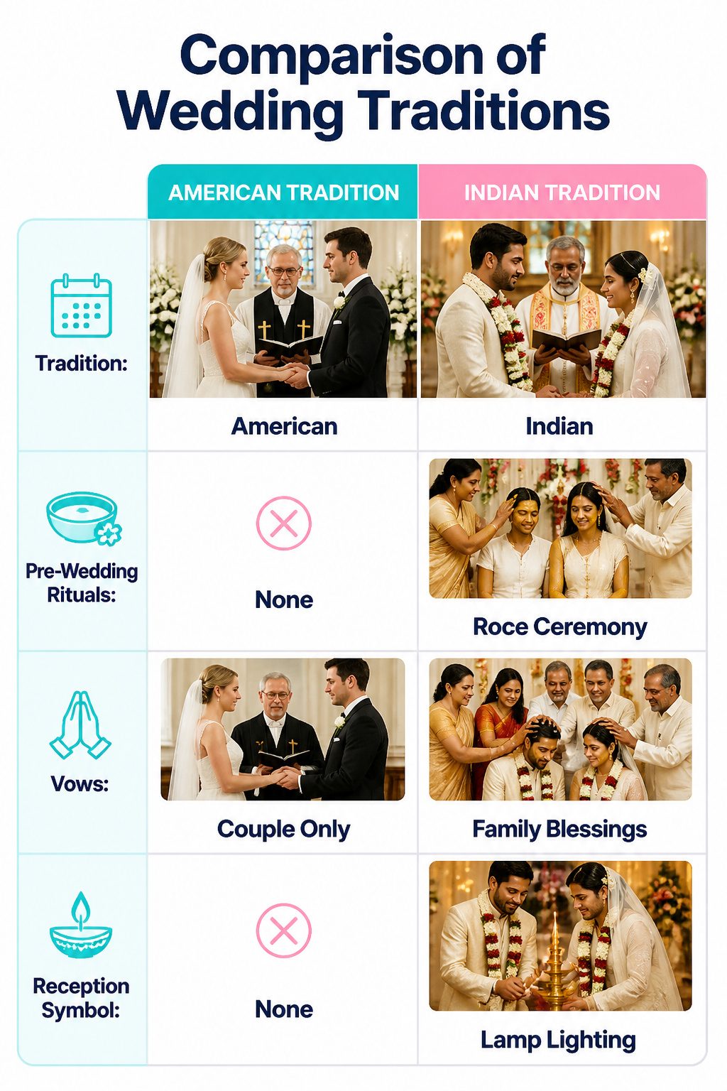 Comparison of wedding traditions across different Christian denominations.