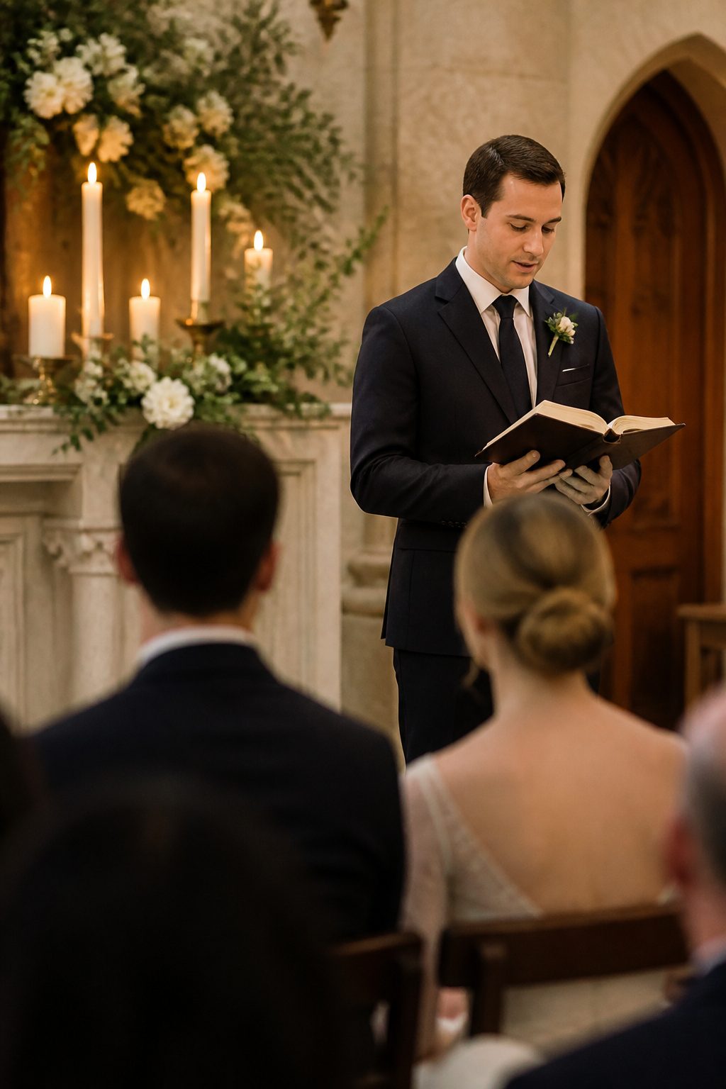 Friend reading scripture from a Bible during a wedding ceremony.