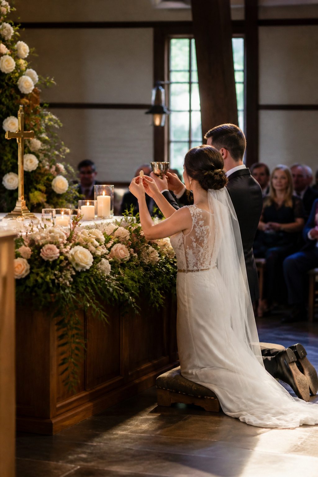 Couple kneeling at the altar for communion.
