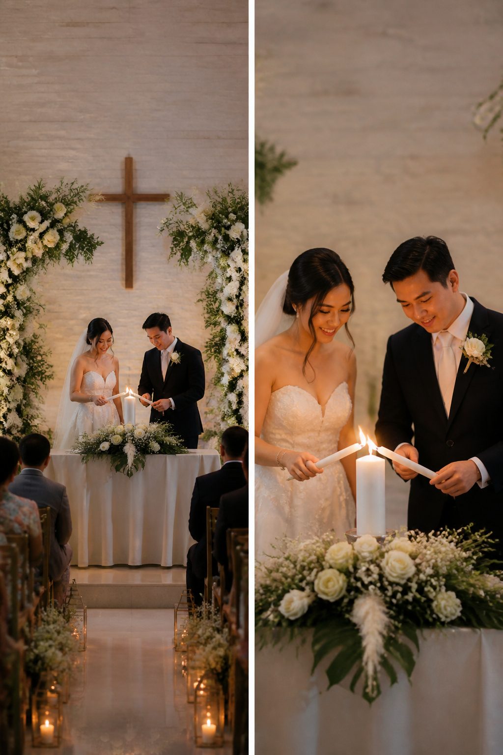 Couple lighting a unity candle during the ceremony.