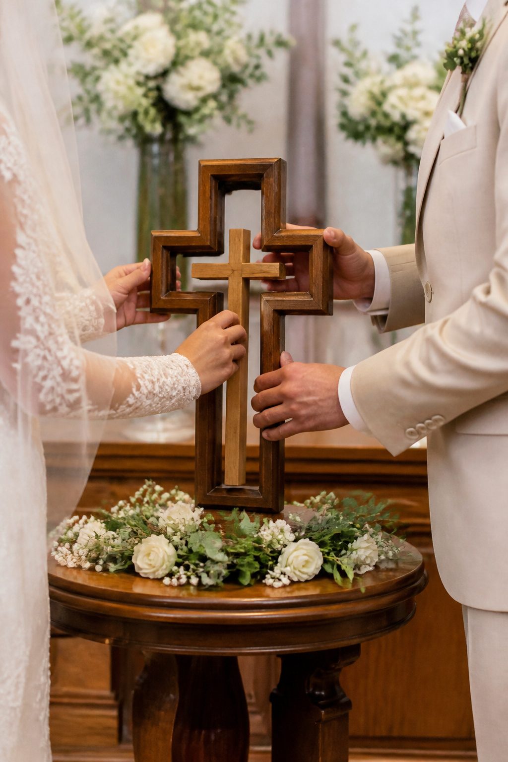 Couple assembling a Unity Cross during the ceremony.