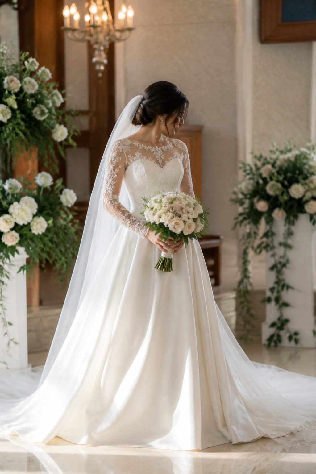Bride in a flowing white wedding dress with lace detailing.
