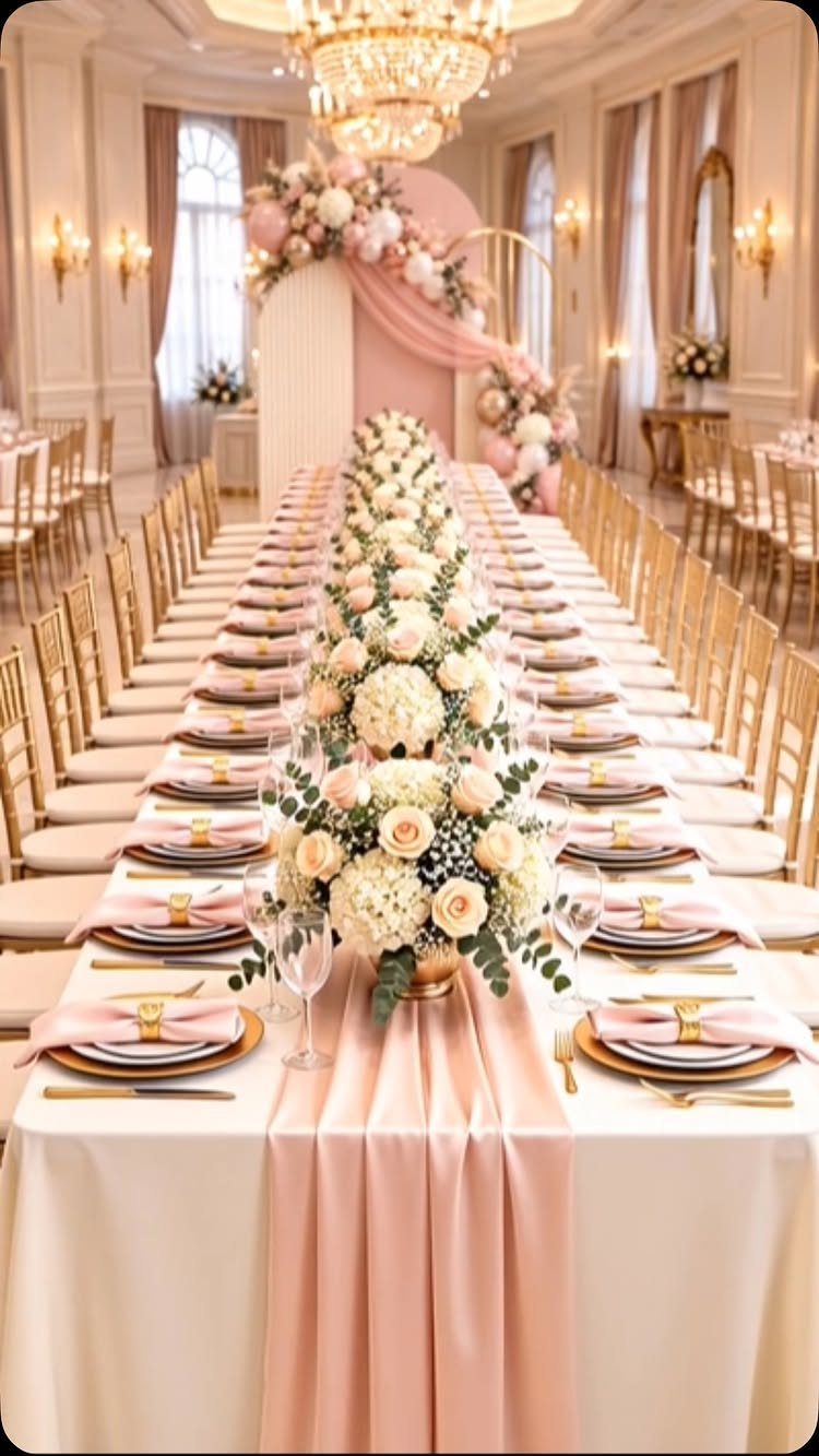 A long banquet table decorated with peach floral centerpieces and elegant gold-rimmed place settings.