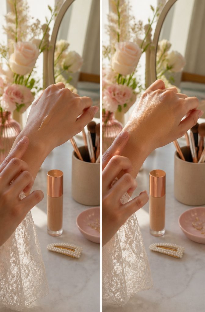 Clean Girl Makeup: A Complete Guide to the Look in 2026 2 Close-up of a woman applying skin tint in a clean makeup routine.