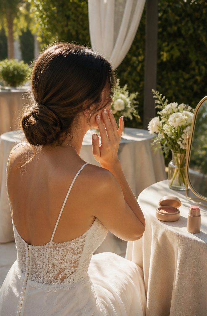 Clean Girl Makeup: A Complete Guide to the Look in 2026 3 Bride applying cream blush outdoors with soft fabrics in the background.