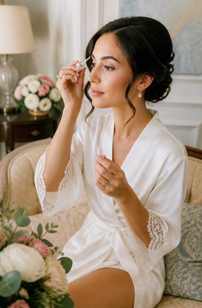 Clean Girl Makeup: A Complete Guide to the Look in 2026 4 Bride using clear brow gel in an elegantly decorated bridal suite.