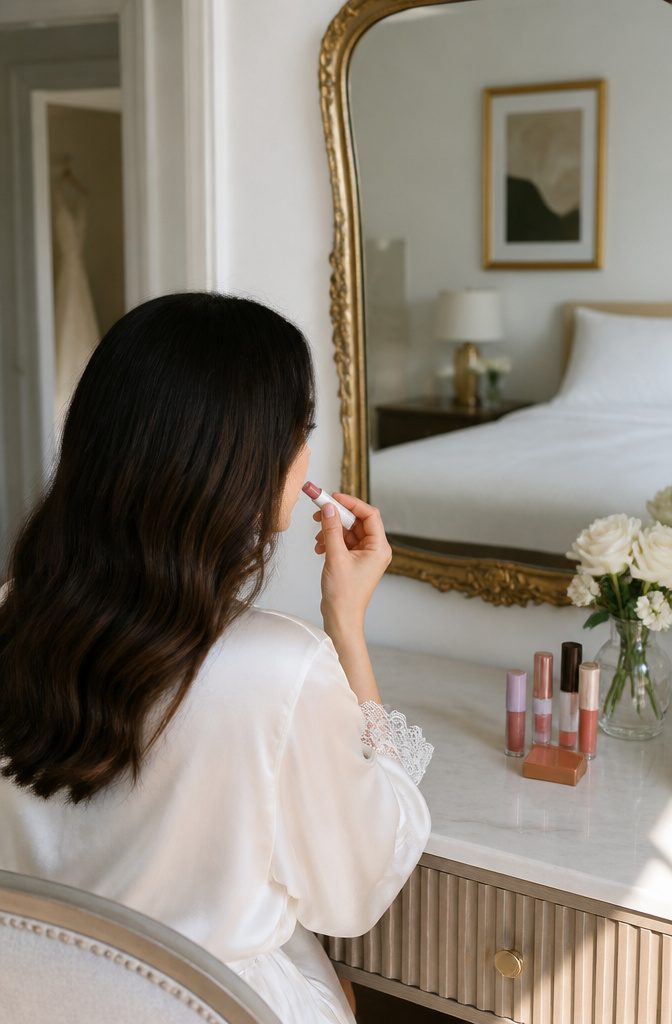 Clean Girl Makeup: A Complete Guide to the Look in 2026 6 Bride applying tinted lip balm while looking in an ornate mirror.