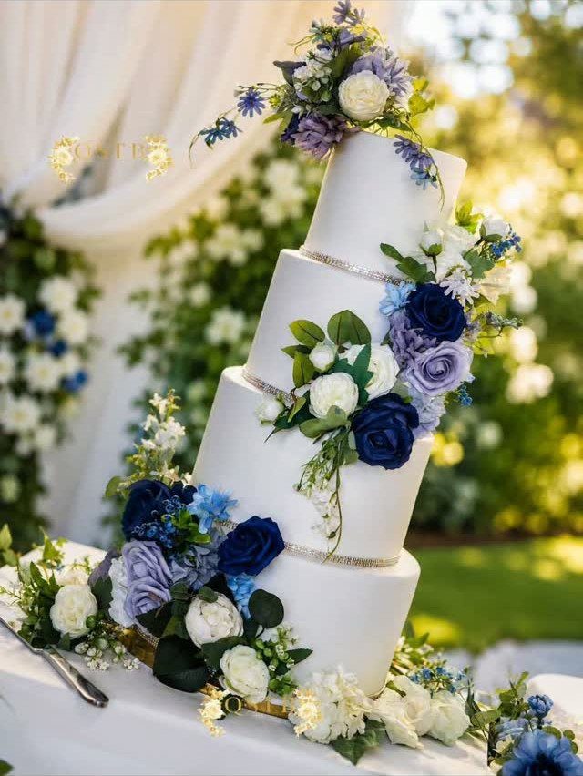 13 Cute and Fun Wedding Ideas for Guests Your Guests Will Love 1 A four-tier white wedding cake adorned with blue and white floral arrangements and silver bands.