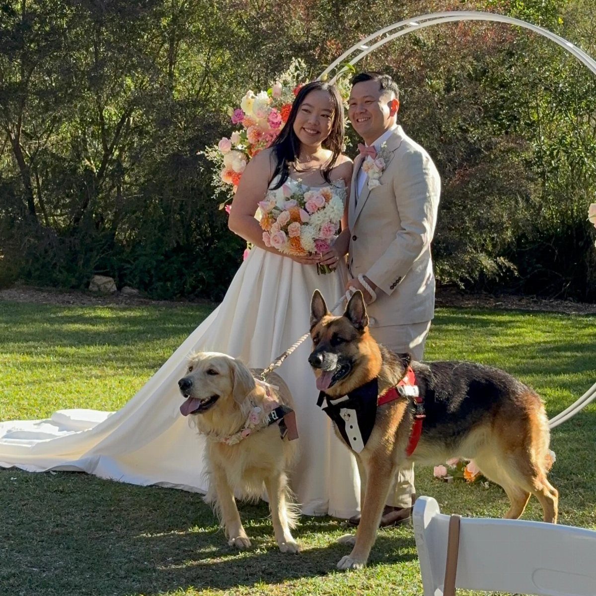 13 Cute and Fun Wedding Ideas for Guests Your Guests Will Love 8 A bride and groom posing with two dogs wearing wedding outfits on a grassy lawn.