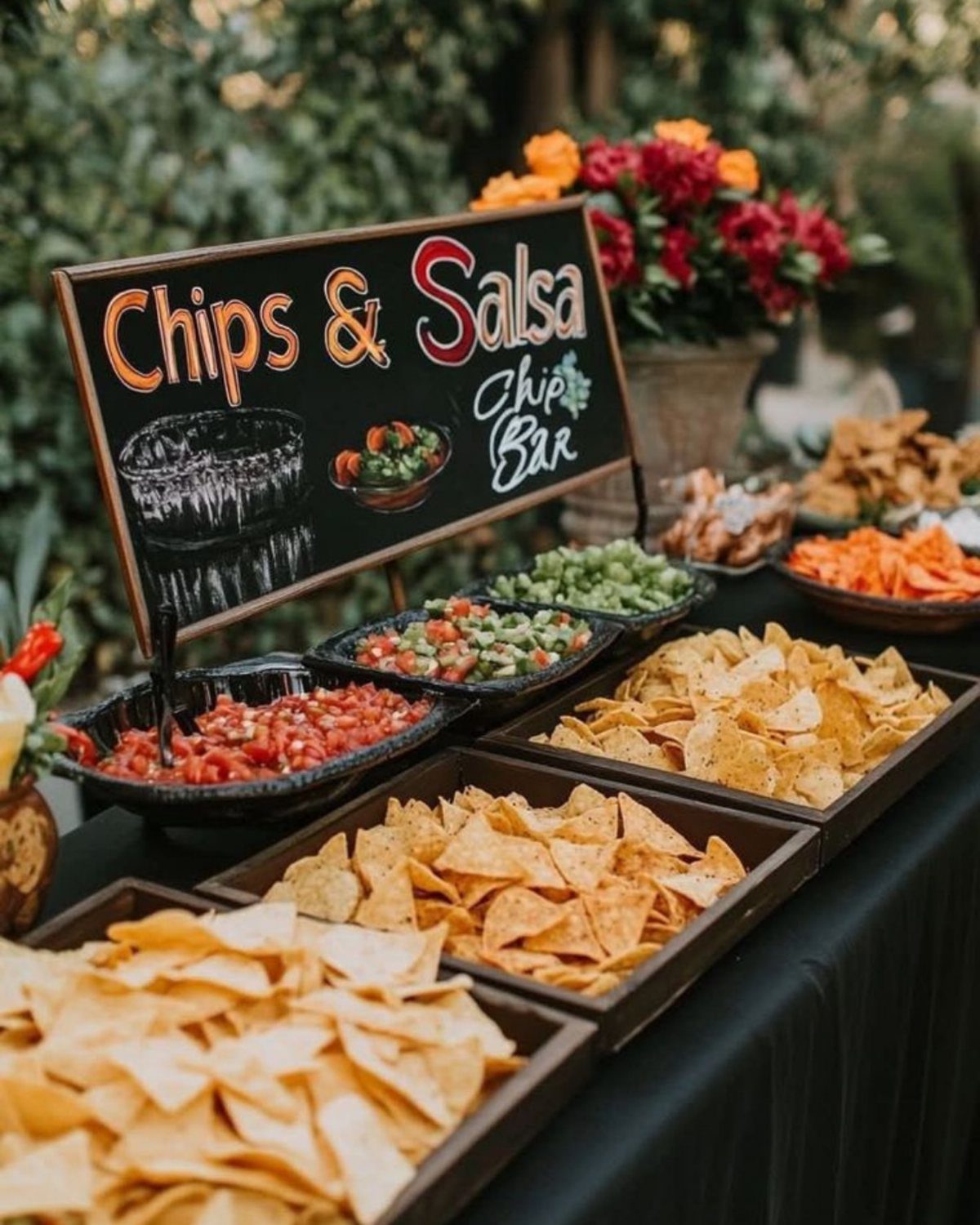 A chips and salsa bar with various toppings and tortilla chips in wooden trays.