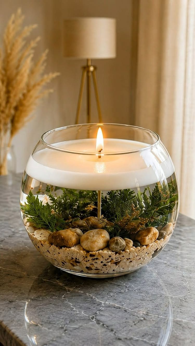 8 Dollar Tree Wedding Decor 4 A lit floating candle in a glass bowl with green plants and stones at the bottom.
