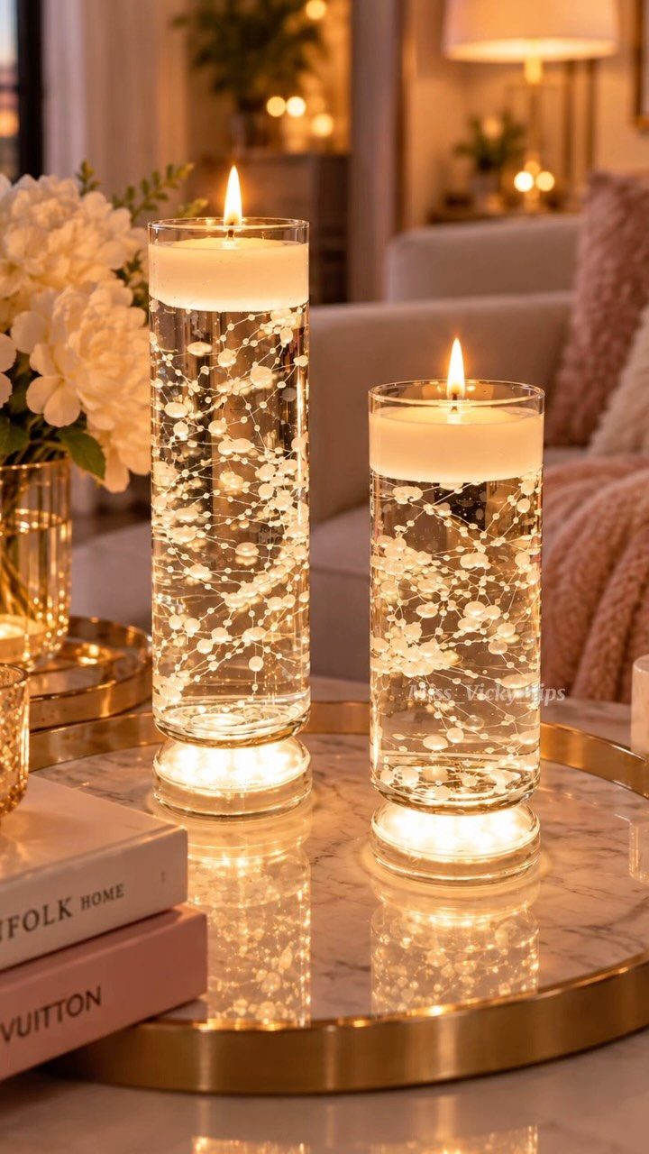 8 Dollar Tree Wedding Decor 1 Two tall glass cylinders with floating candles and fairy lights on a marble tray.