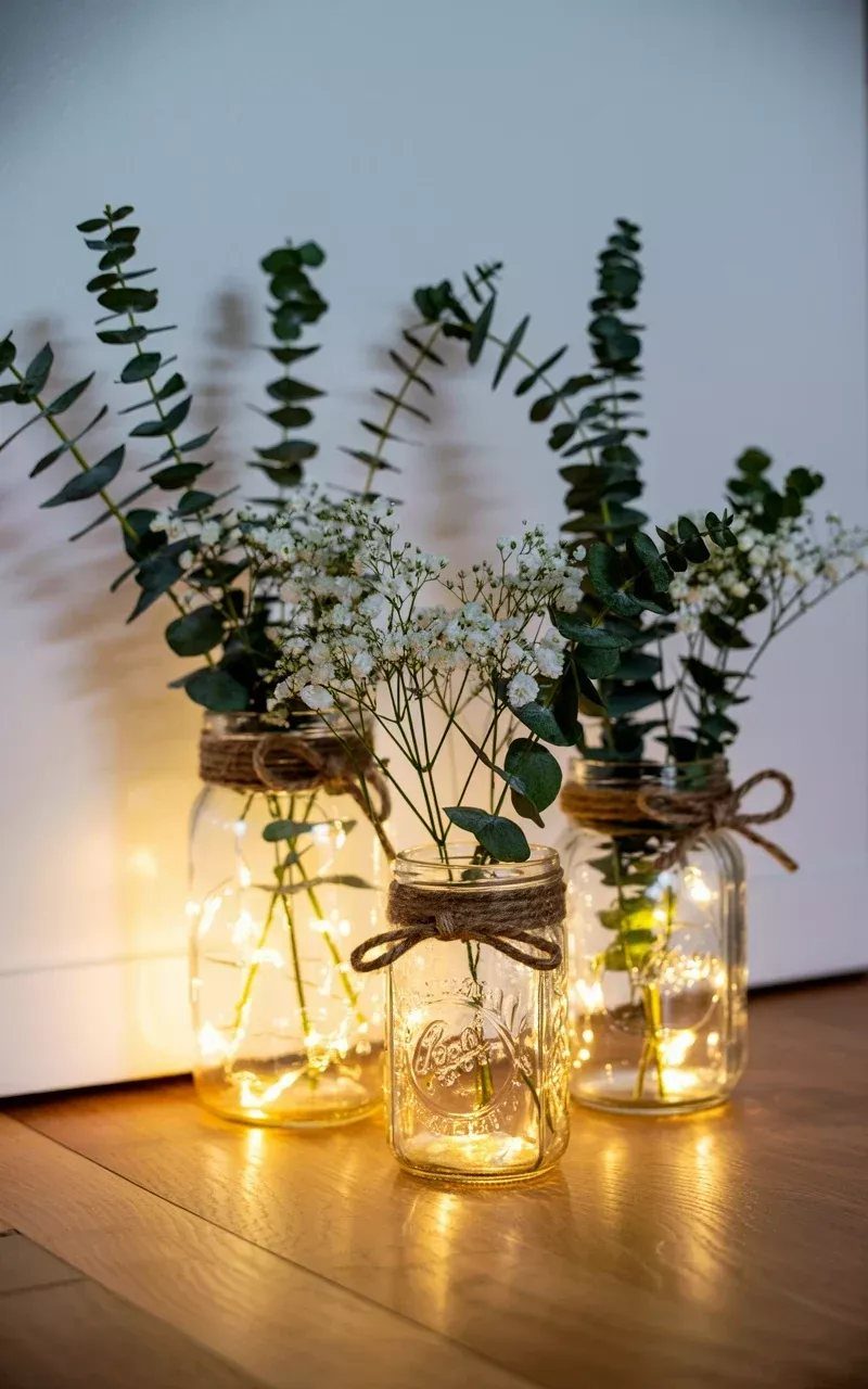 8 Dollar Tree Wedding Decor 6 Three glass mason jars containing fairy lights and greenery sitting on a wooden floor.