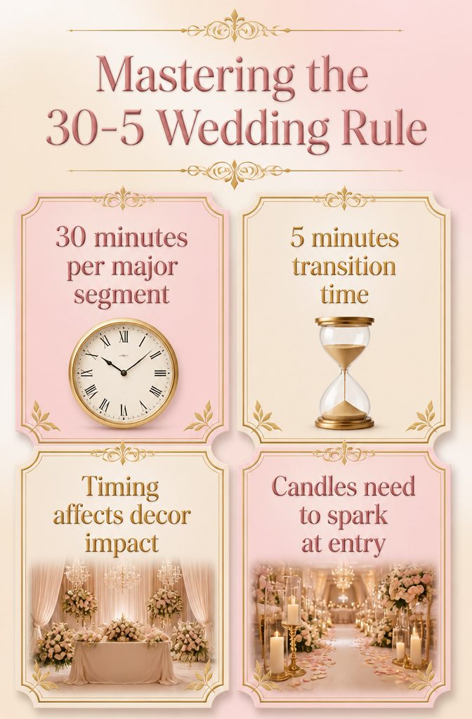 Graphic illustrating the 30 5 wedding rule for event planning.