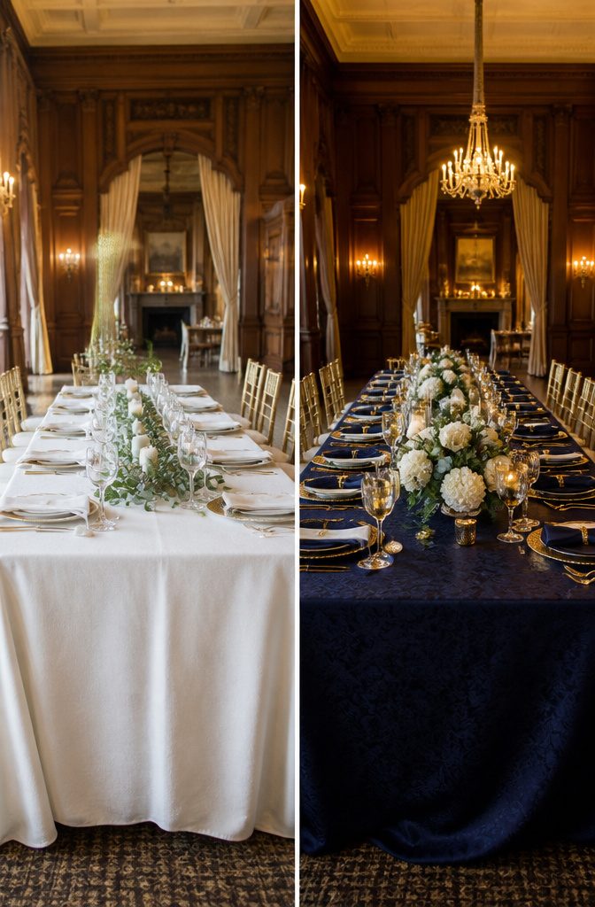 Table setting with ivory and gold elements under different lighting.