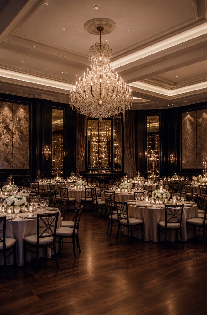 Crystal chandeliers illuminating a beautifully decorated event space.