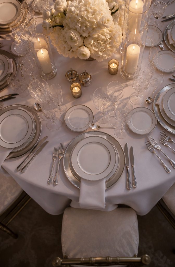 Table setting featuring fine china and crystal glassware.