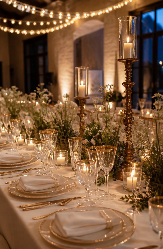 Dining table set with gold-rimmed glassware and ornate candle holders.