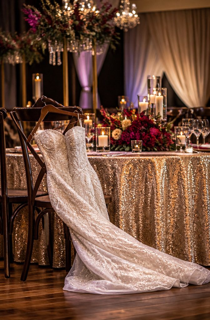 Bridal gown with beadwork displayed on a sequin tablecloth.