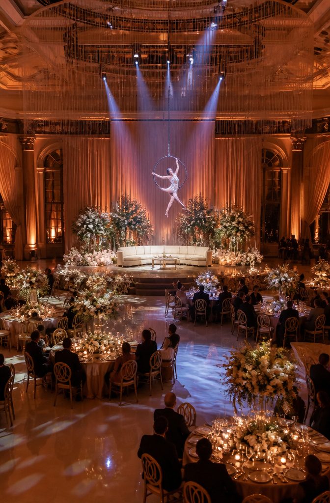 Musicians performing at a wedding, positioned for audience visibility.