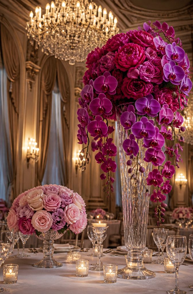 Tall floral arrangement with cascading flowers in jewel tones.
