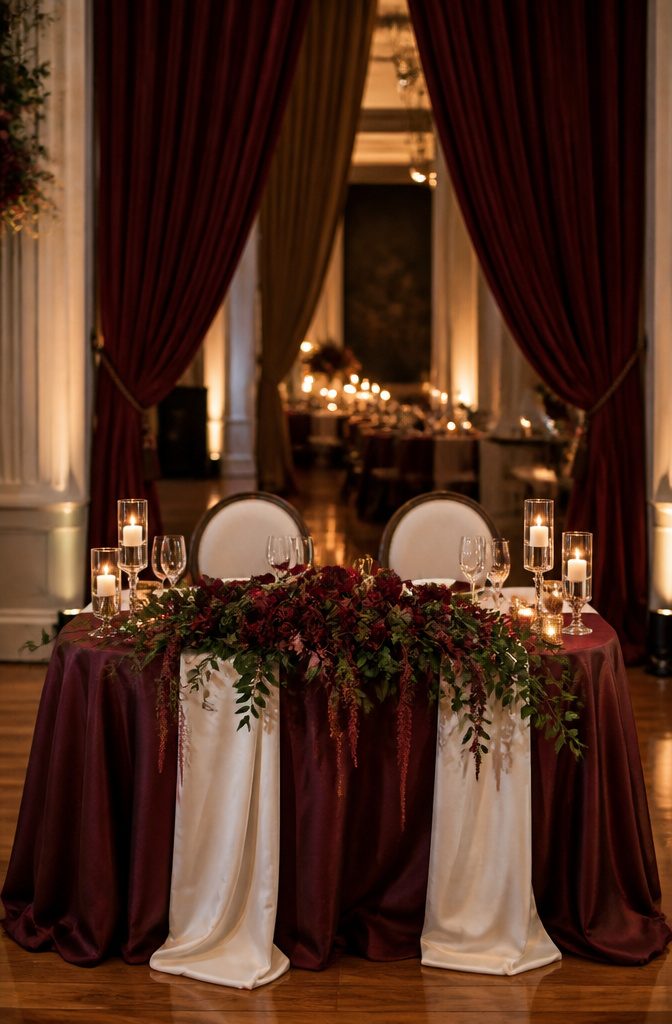 Sweetheart table covered in polyester dupioni fabric with floral arrangements.