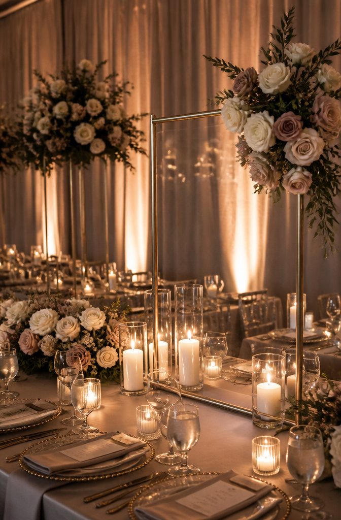 Acrylic welcome sign with handwritten names surrounded by candles.