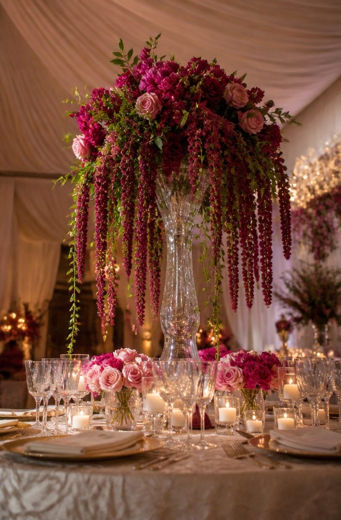 Elegant table centerpiece featuring tall crystal vases with flowers.